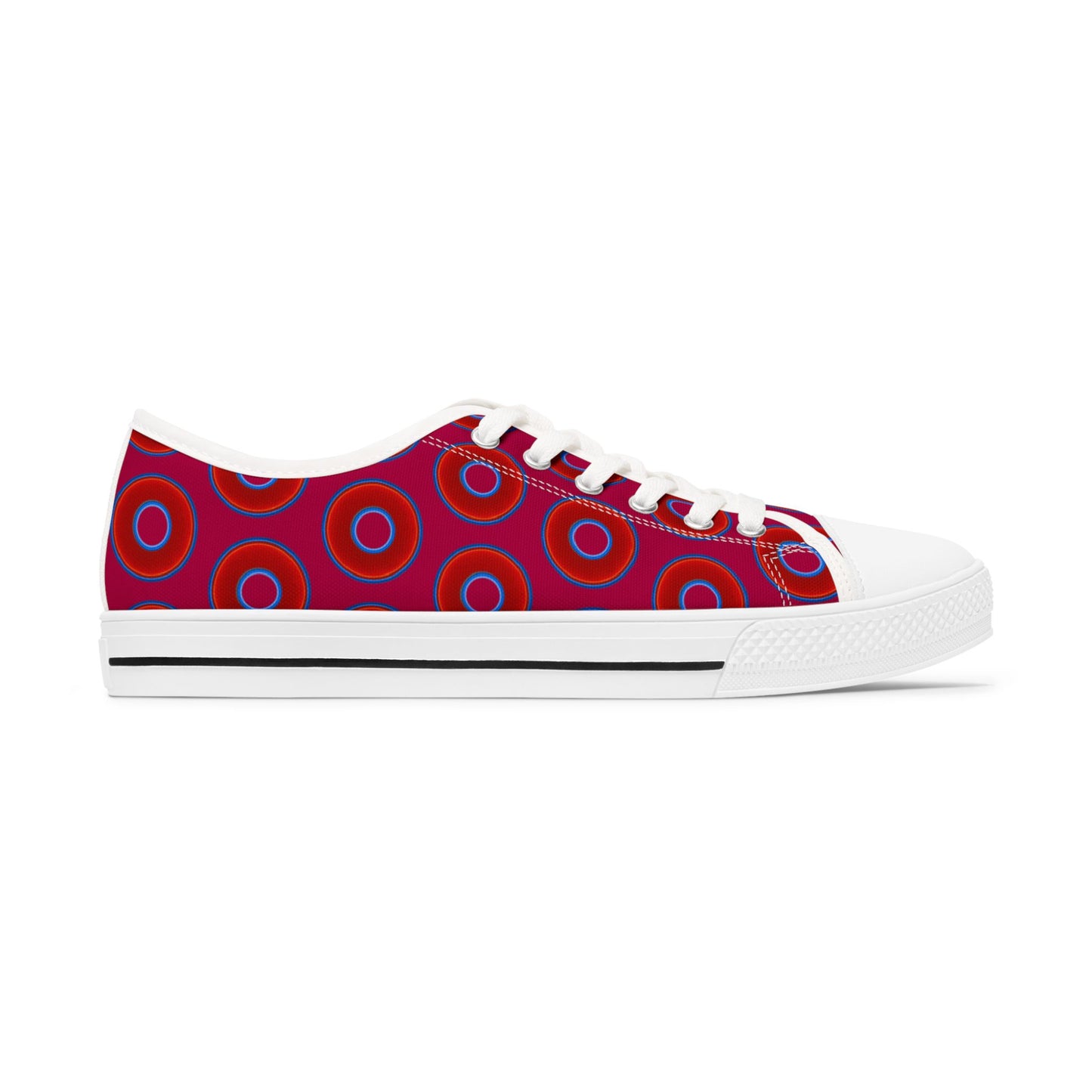 Women's - Low Top Chuck Taylors - large vivid red donut print w/dark magenta background