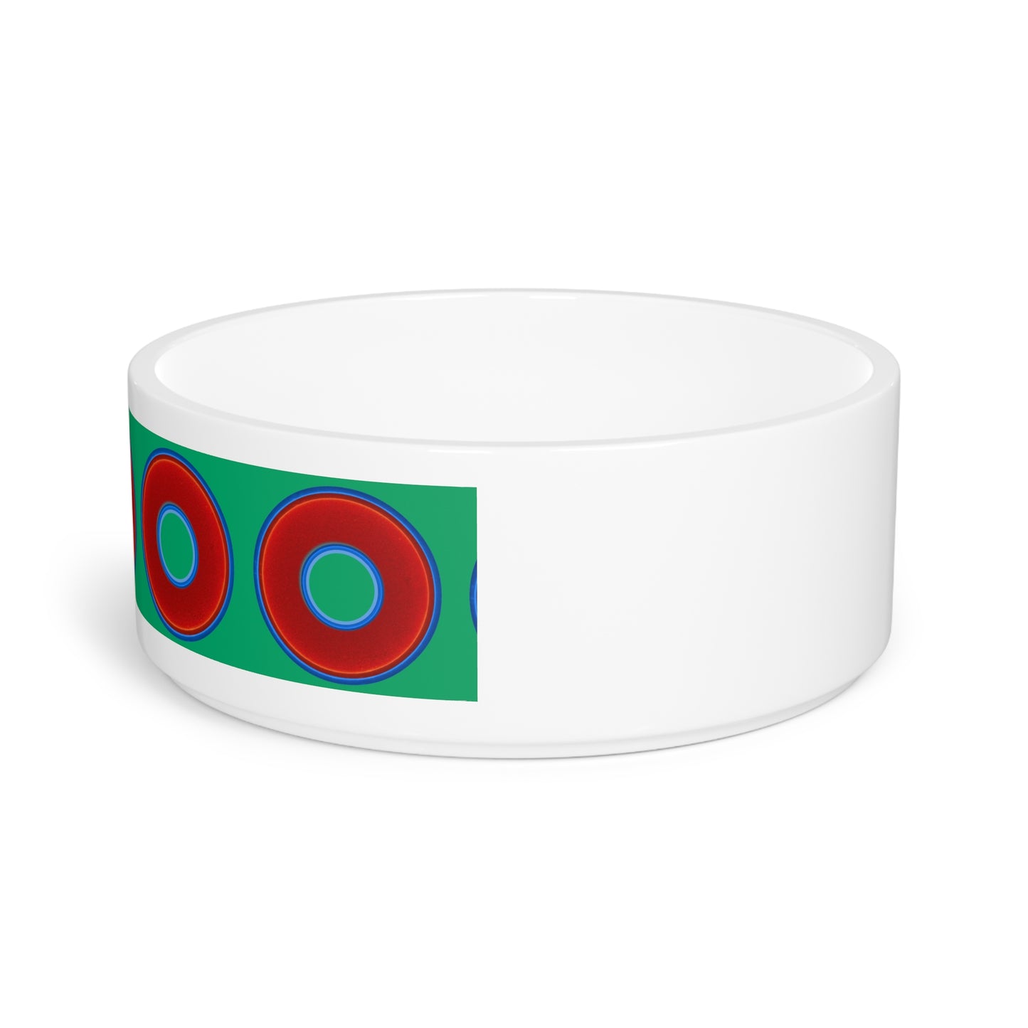 16 oz Lumpy Pet Bowl - vivid red donuts w/jade green background