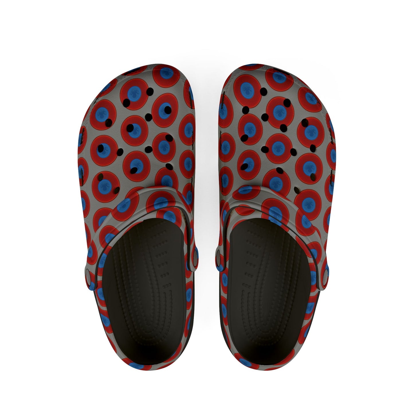 Spatchcocks - donut slip-on shoes - "Roger Moore's Octopussy Donut" - red vivid donuts w/gray background [unisex]