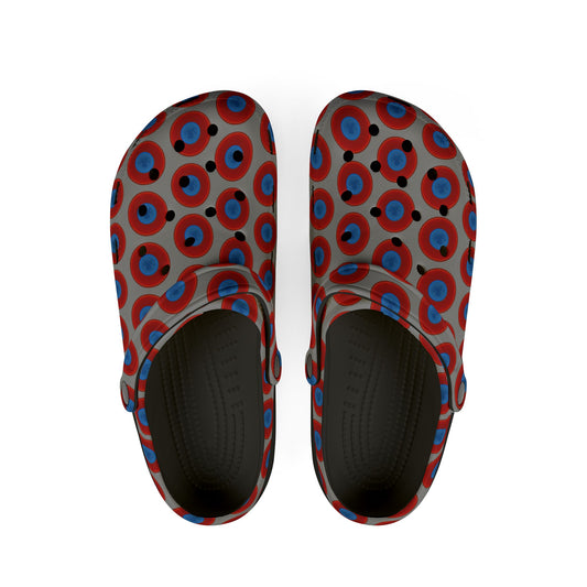 Spatchcocks - donut slip-on shoes - "Roger Moore's Octopussy Donut" - red vivid donuts w/gray background [unisex]