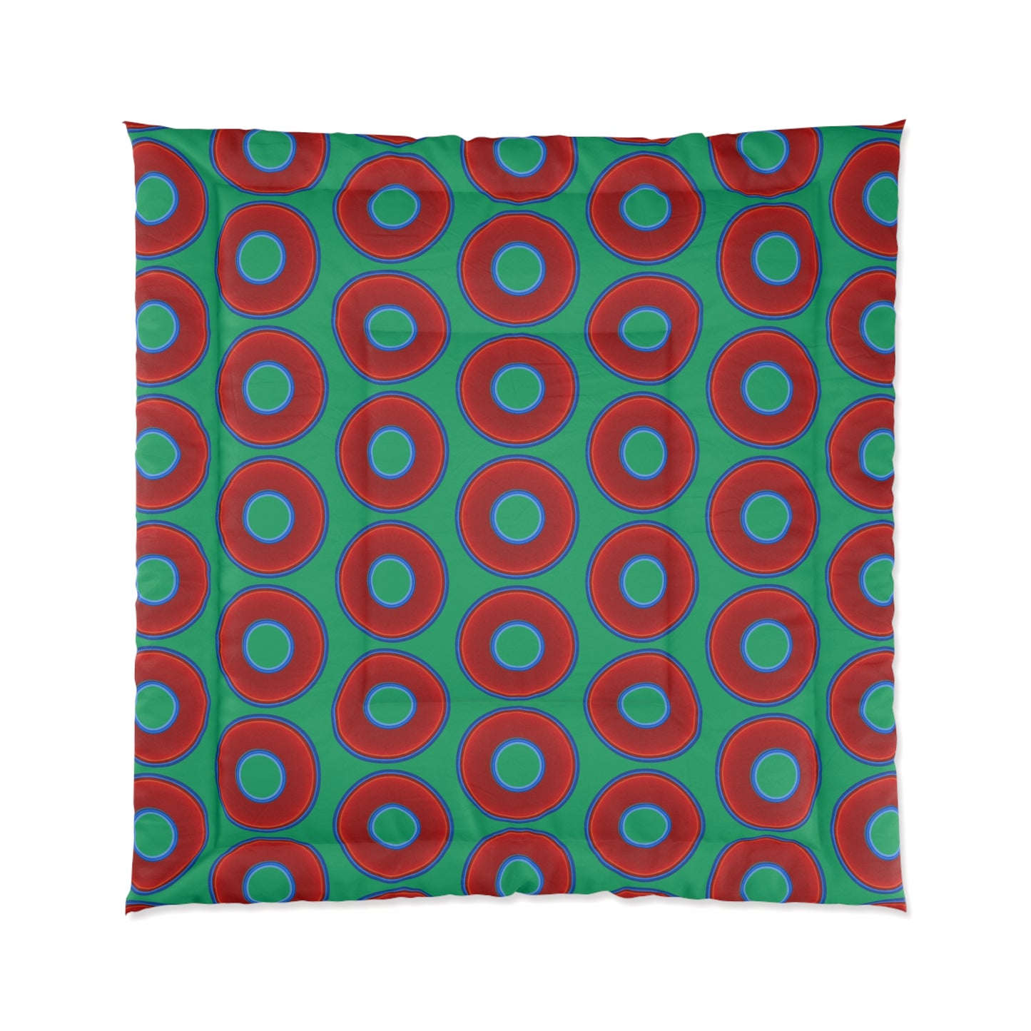 The Very Lumpy Comforter - vivid red donuts w/jade green background