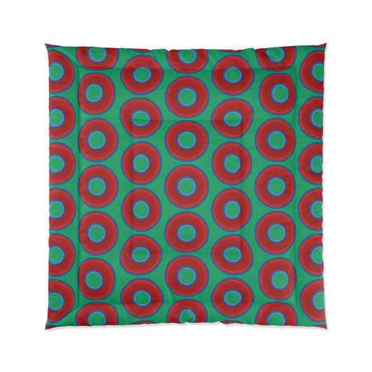 The Very Lumpy Comforter - vivid red donuts w/jade green background