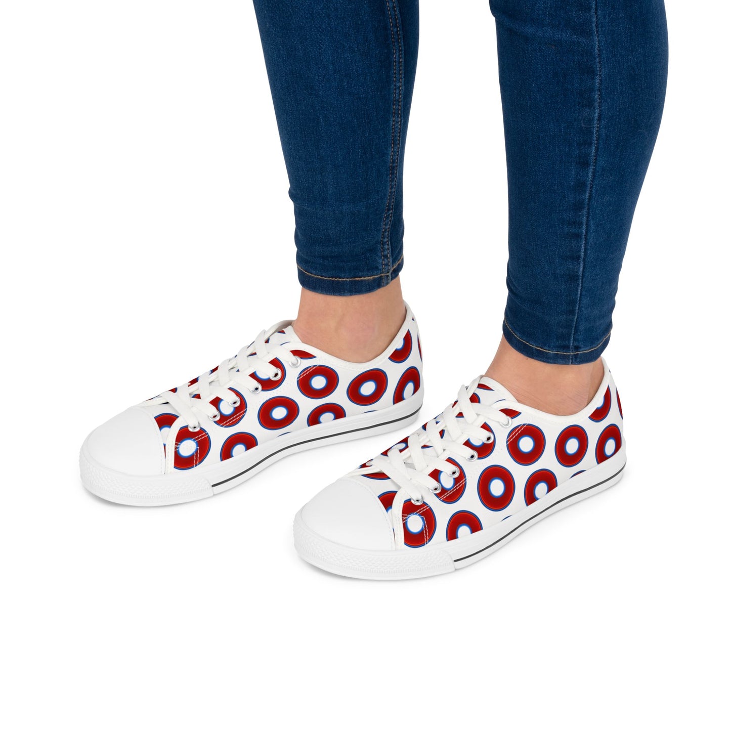 Women's - Low Top Chuck Taylors - large vivid red donut print w/white background