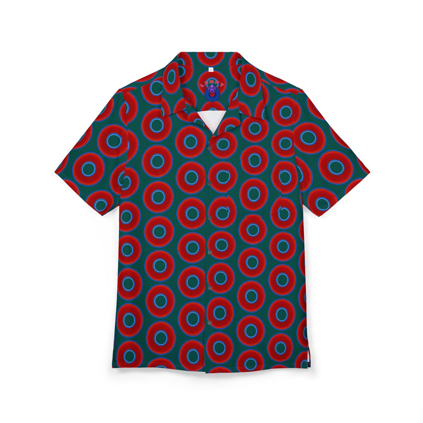 Wilson's 'Epic Hawaiian-Punch' Shirt - vivid red donut print w/dark Fenway green background [unisex]
