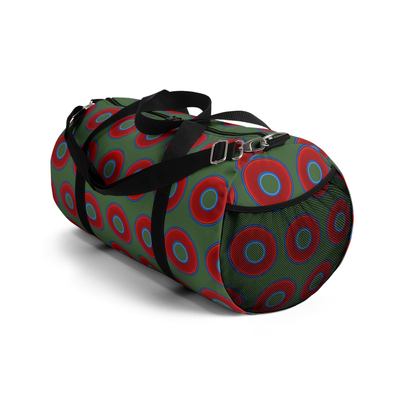 Lumpy Duffel - vivid red donuts w/dark green background