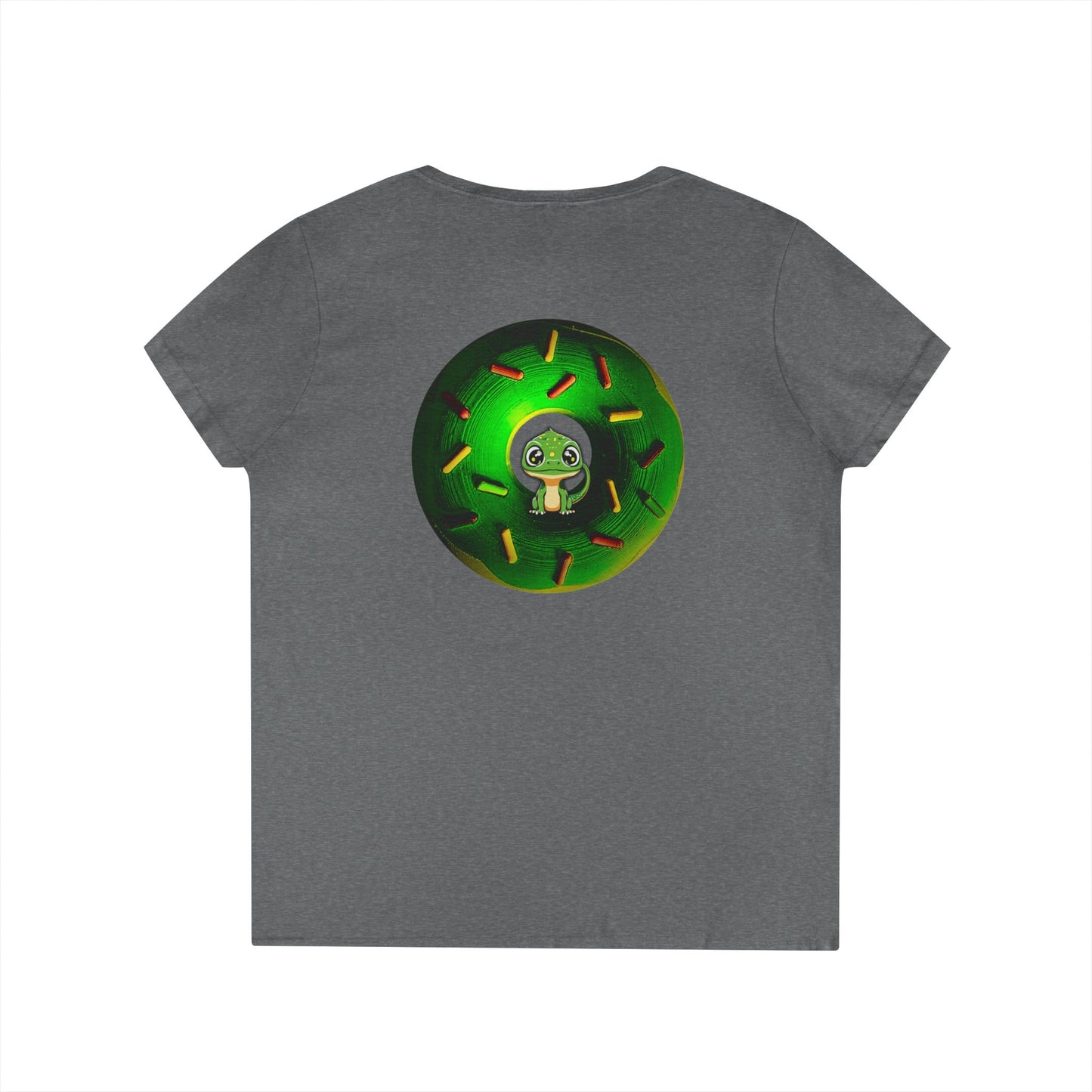 Women's Donut V-Neck Tee - "Soft as Baby Rutherford" - green cartoon donut w/sprinkles