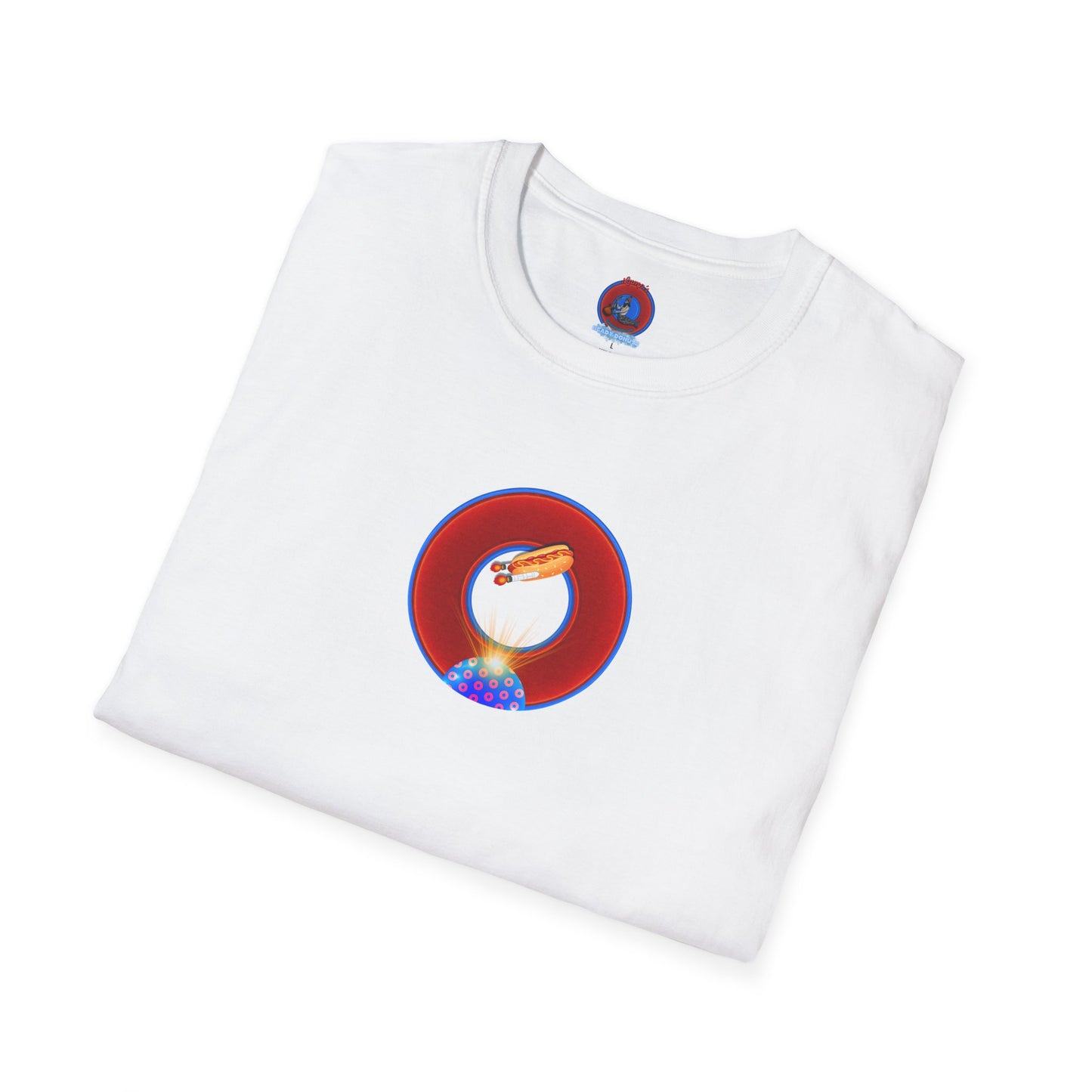 Classic Donut Tee - Unisex Soft-Style - "Viva Las Vegas Donut" -  vivid red donut w/raw dogger - variant 3