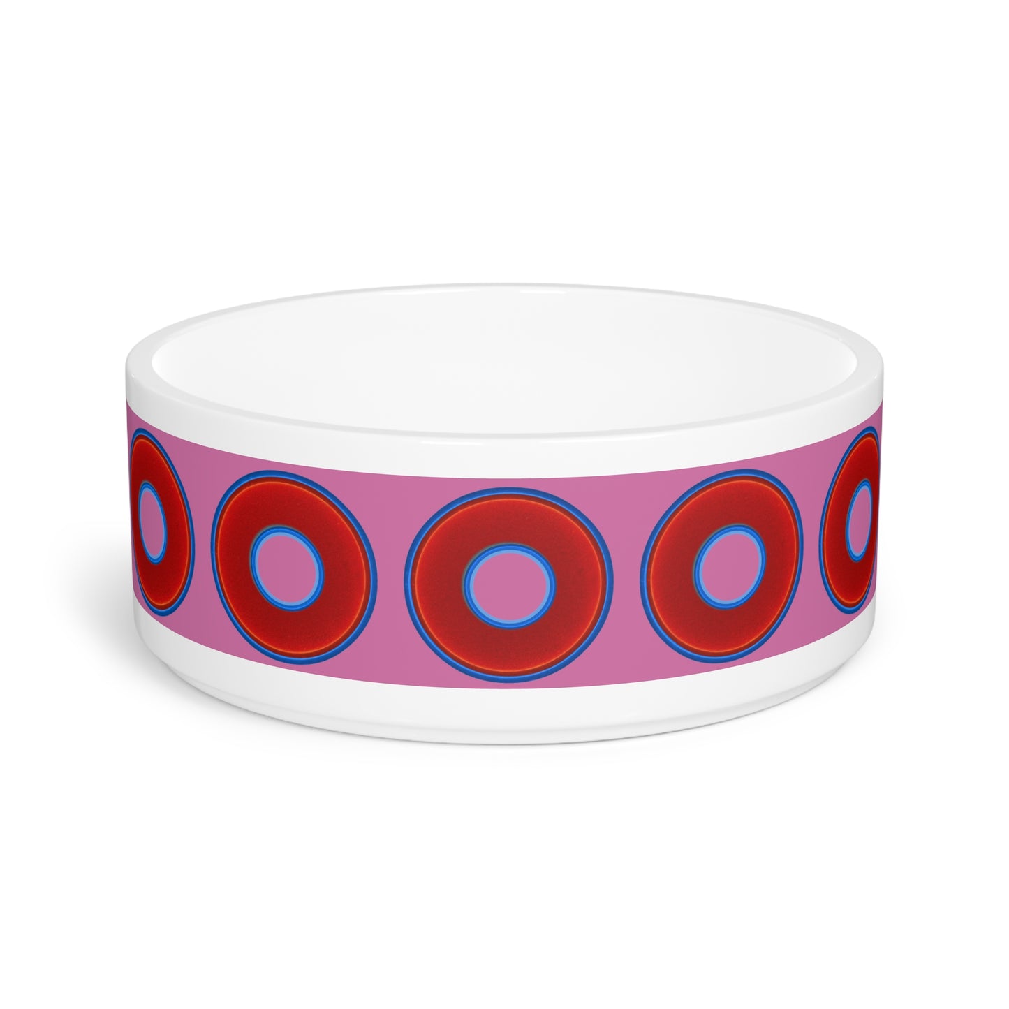 16 oz Lumpy Pet Bowl - vivid red donuts w/pink background
