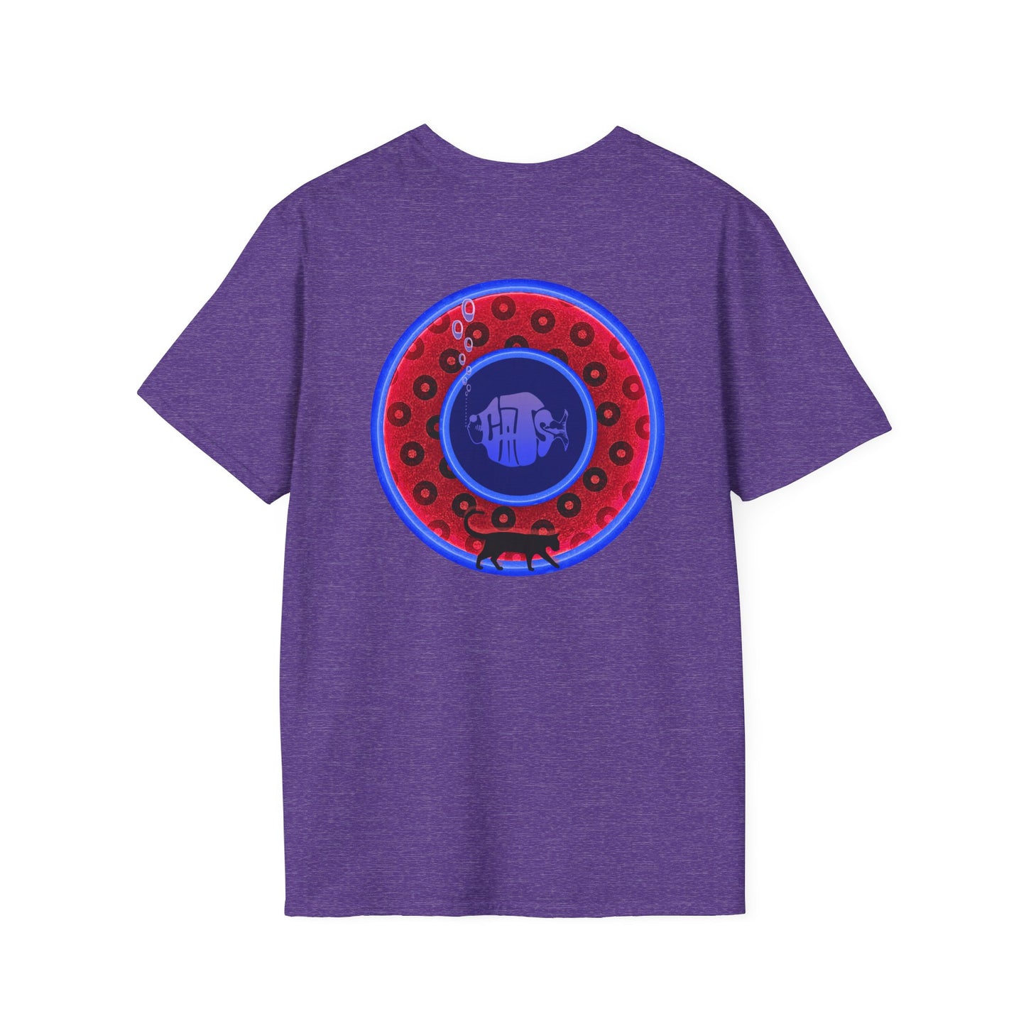 Classic Donut Tee - Unisex Soft-Style - "The Cat's Meow Donut' - red/blue paradox widemouthed donut