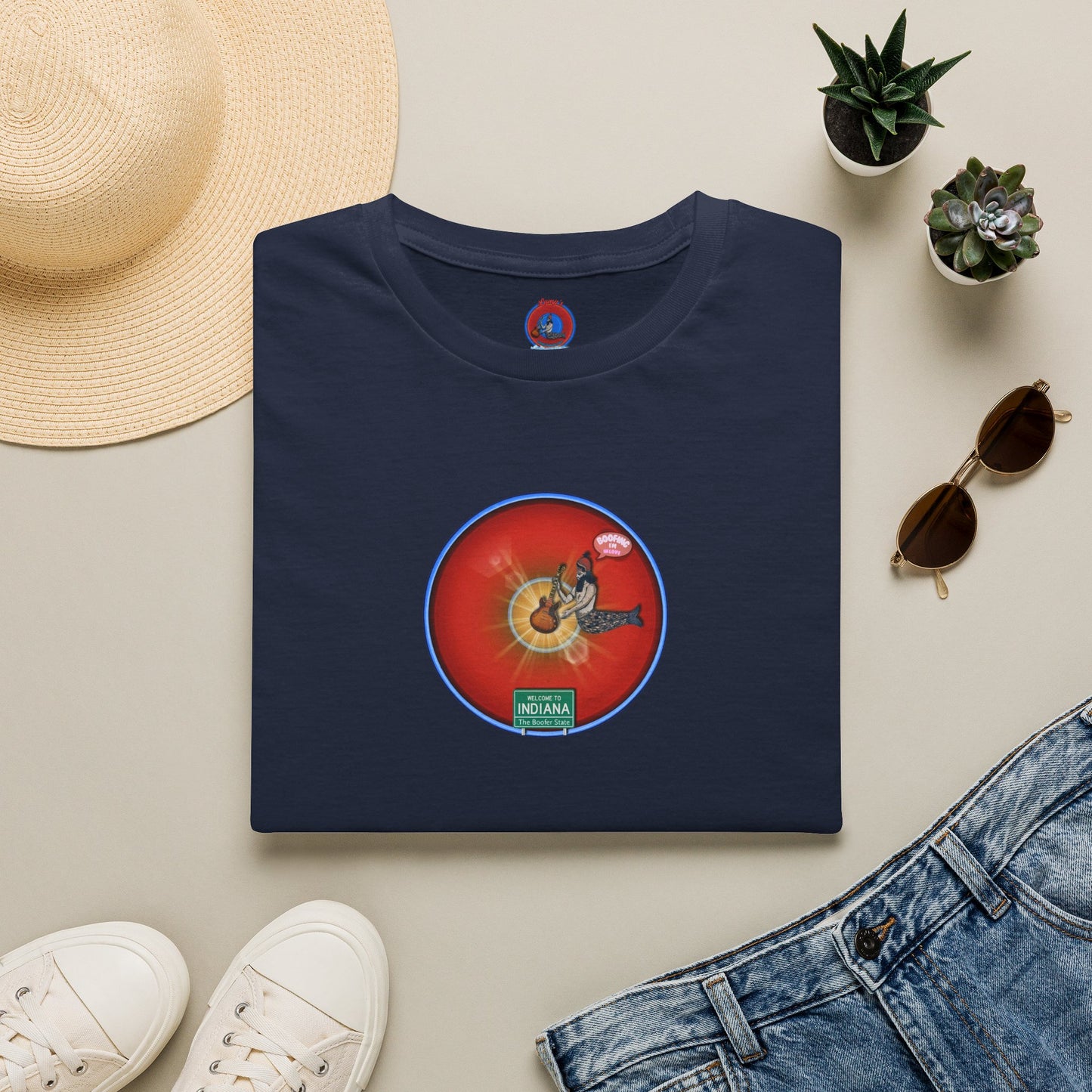 Classic Donut Tee - Unisex Soft-Style - "Indiana is for Boofers" - vivid red/blue plumpy donut - variant 2 - w/sun drop