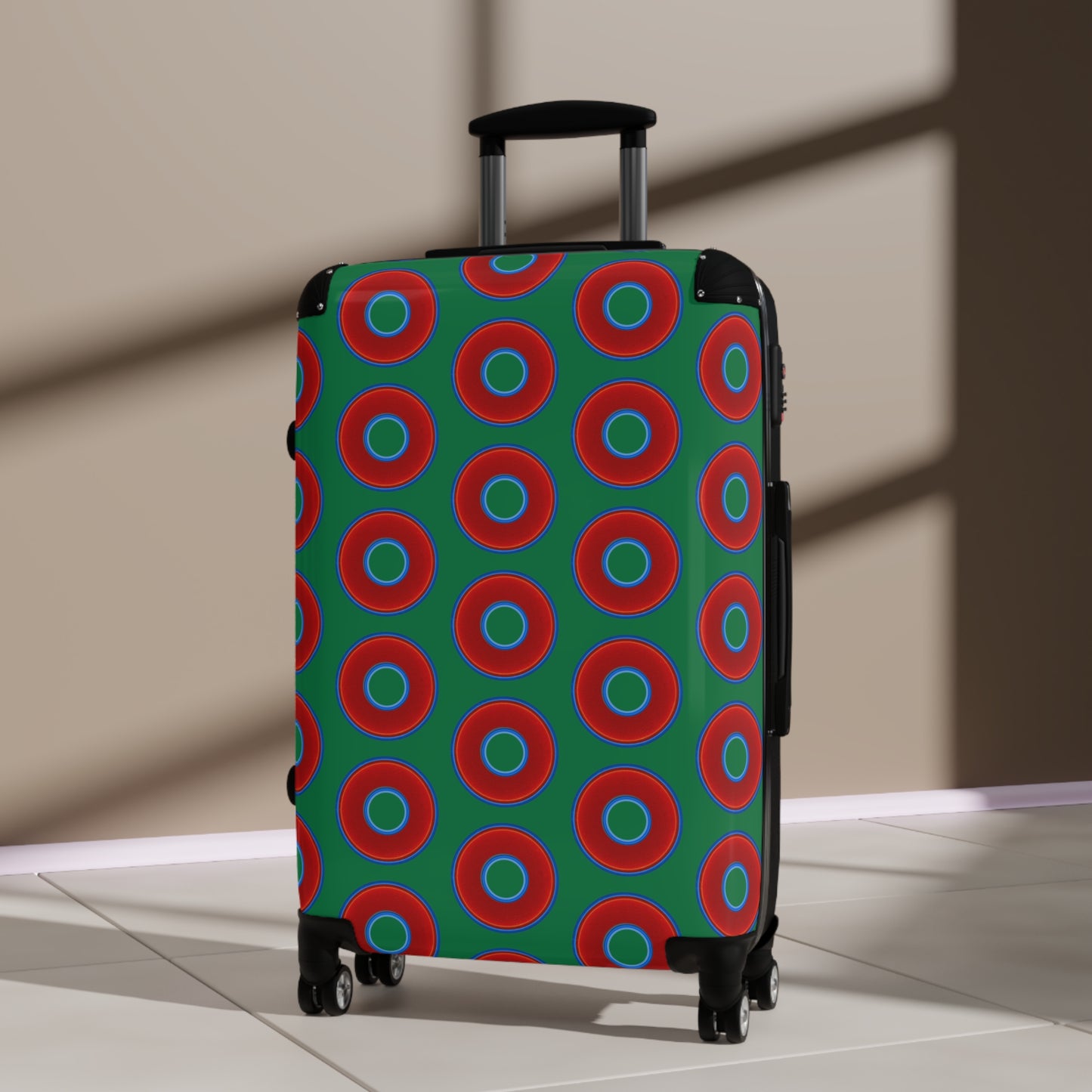 The Very Lumpy Donut Suitcase series - your choice of S, M or L - vivid red donut print w/green background