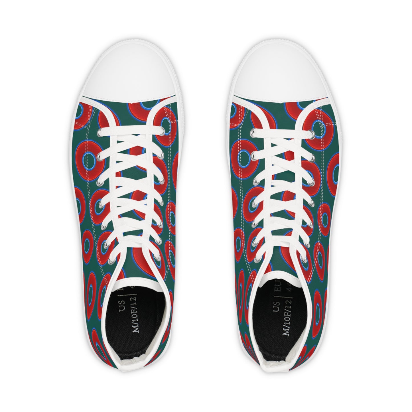 Men's High Top Chucks - large vivid red donut print w/dark Frenway green background