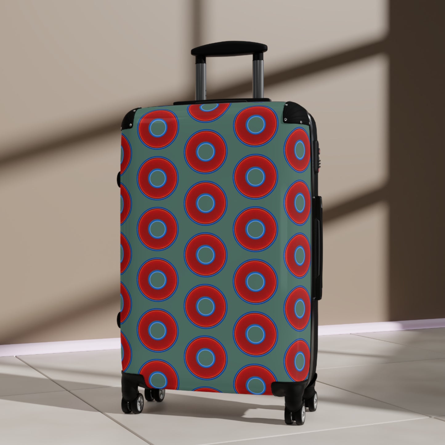 The Very Lumpy Donut Suitcase series - your choice of S, M or L - vivid red donut print w/Fenway green background