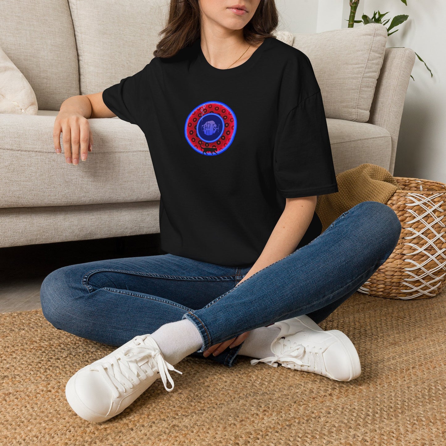 Classic Donut Tee - Unisex Soft-Style - "The Cat's Meow Donut' - red/blue paradox widemouthed donut