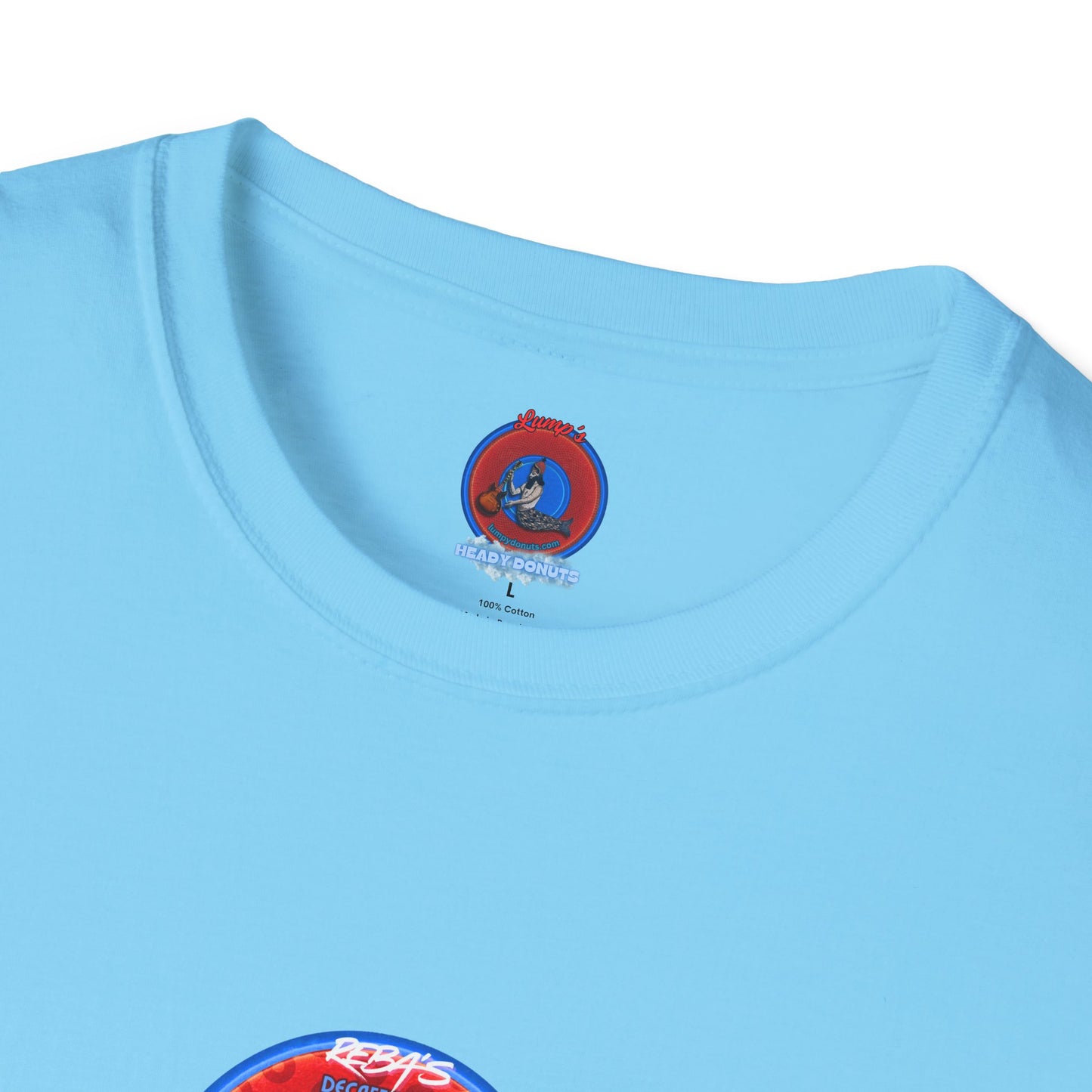 Coffee Traders Tee - Unisex Soft-Style - "Reba's Decaf: Coffee Grounds & Mud " - paradoxical donut - variant 3- front Reba/back logo