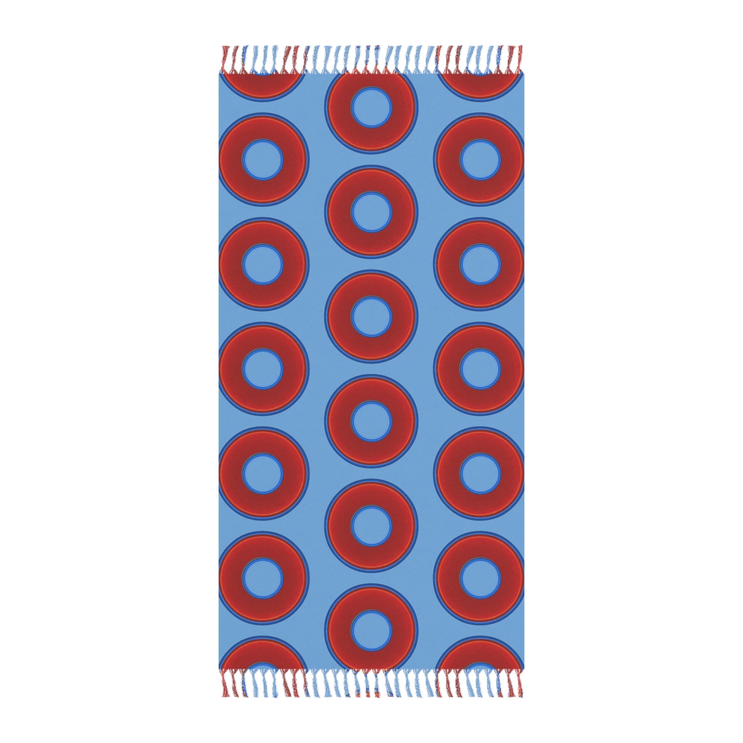 Oversized Lumpy Beach Towel - vivid red donuts w/light blue background