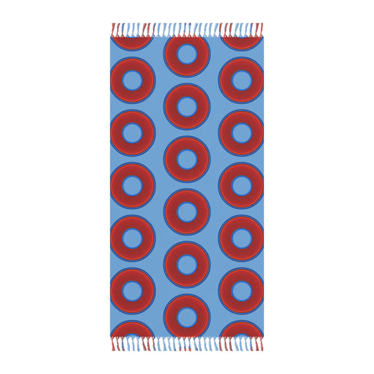 Oversized Lumpy Beach Towel - vivid red donuts w/light blue background
