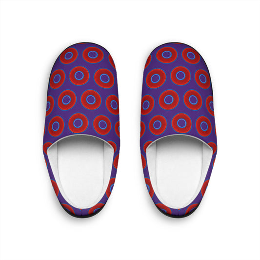 Women's Lumpy Slippers - red vivid donut print w/purple background