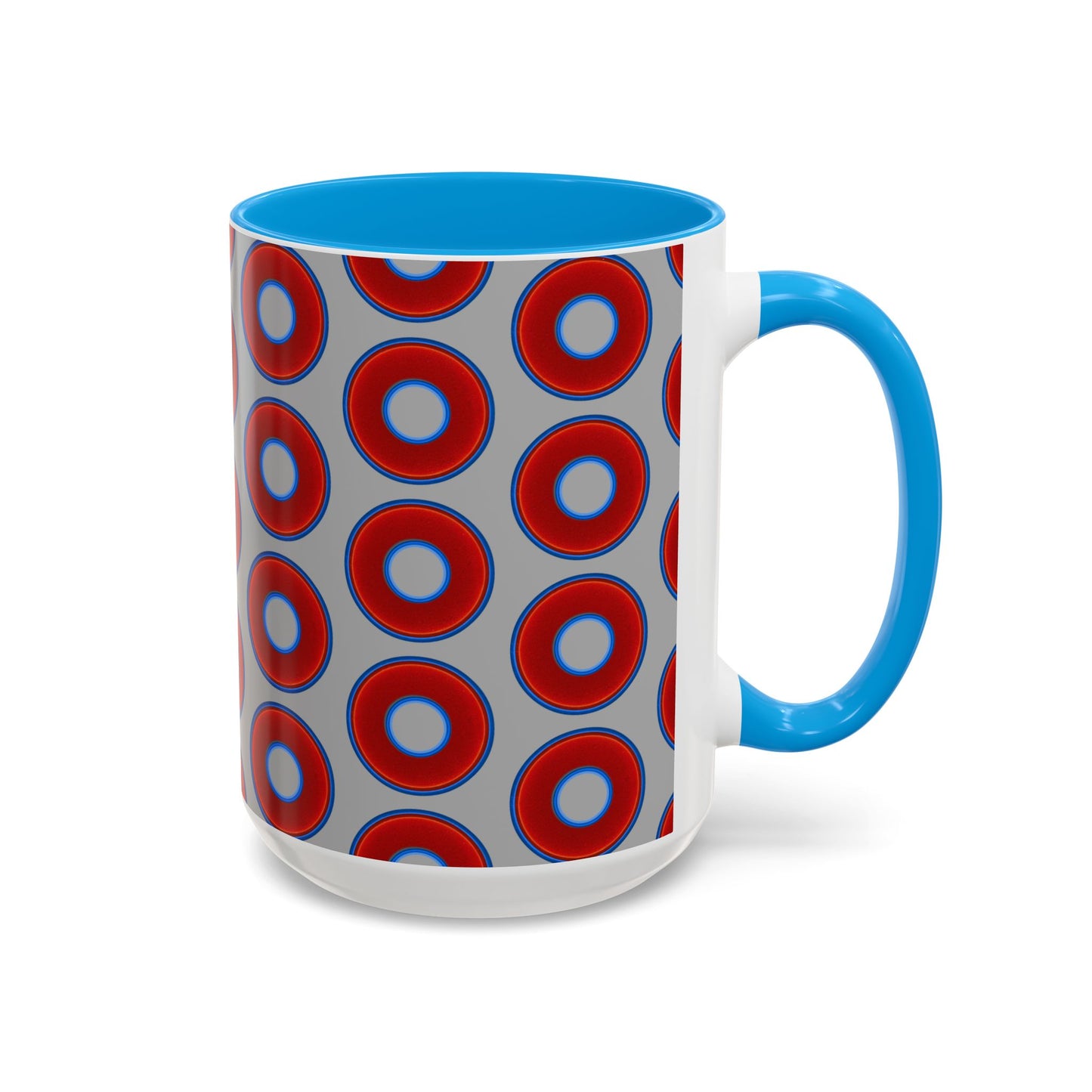 Lump's Grumpy Coffee Mug - vivid red donuts w/light gray background