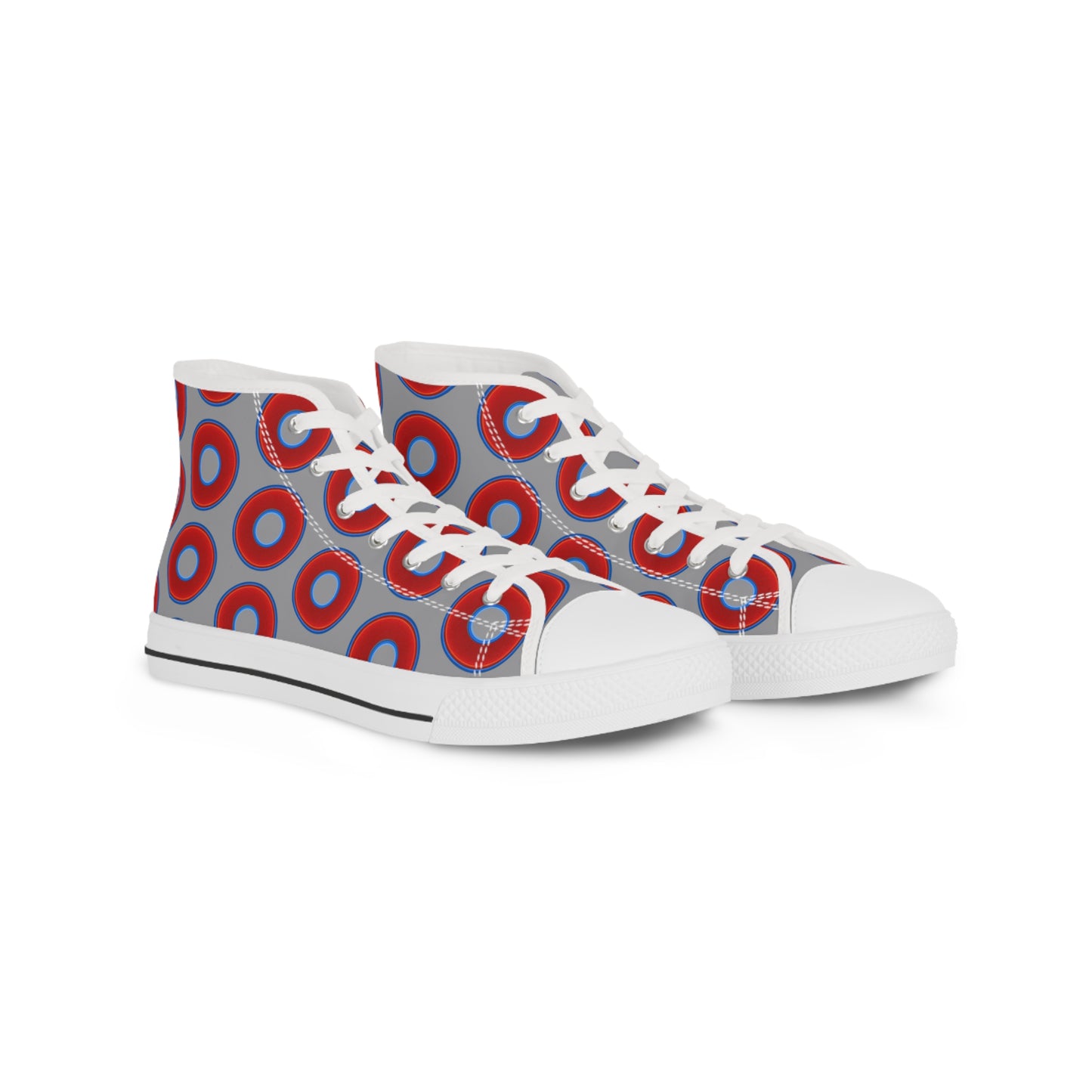 Men's High Top Chucks - large vivid red donut print w/gray background