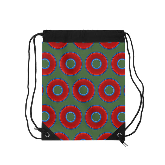 Lumpy Donut Drawstring Bag - red vivid donuts print w/dark Fenway green background