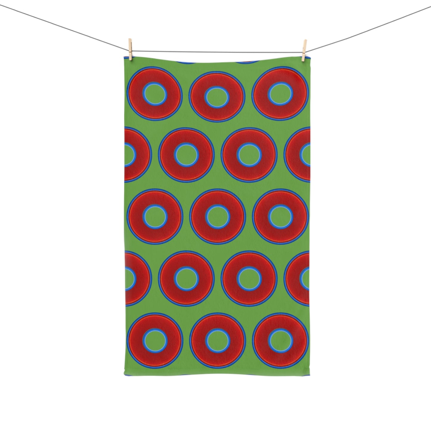 Lumpy Kitchen/Hand Towels - vivid red donuts w/light green background
