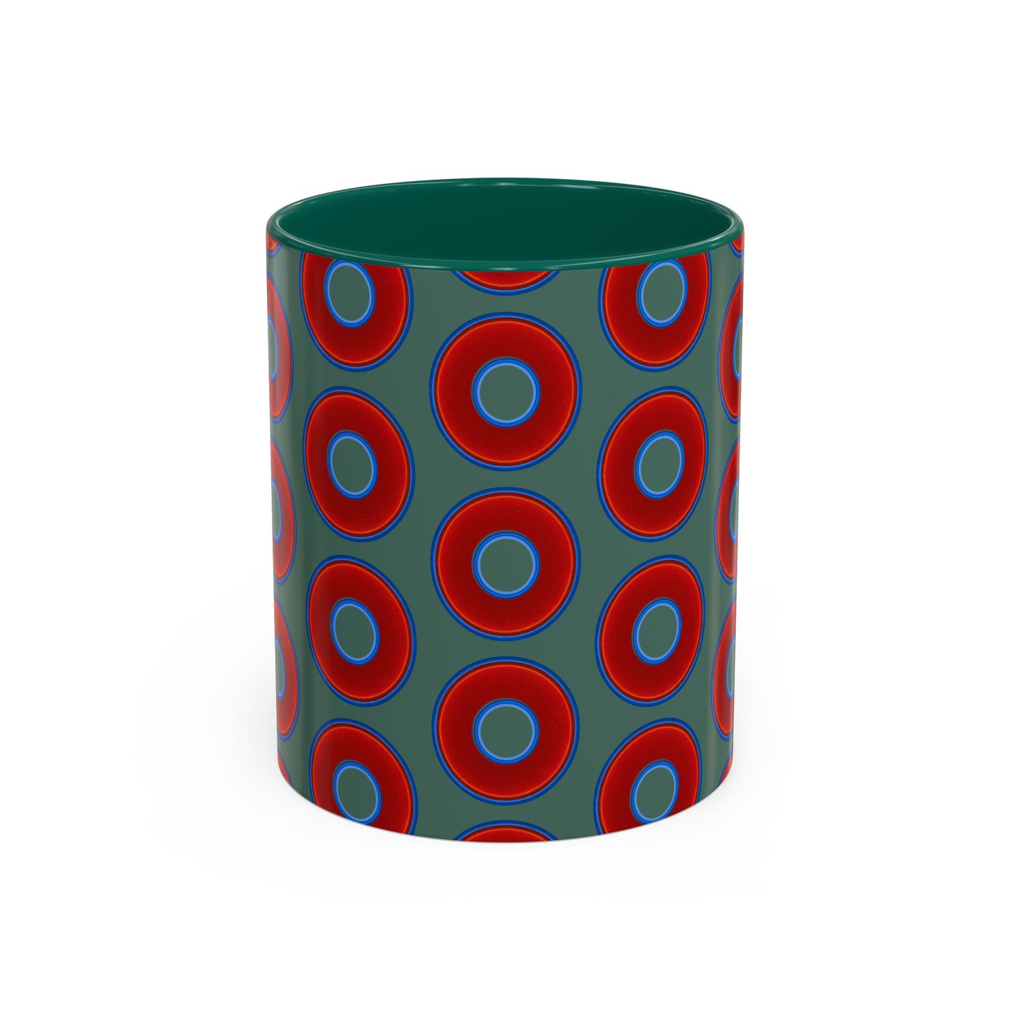 Lump's Grumpy Coffee Mug - vivid red donuts w/Fenway green background
