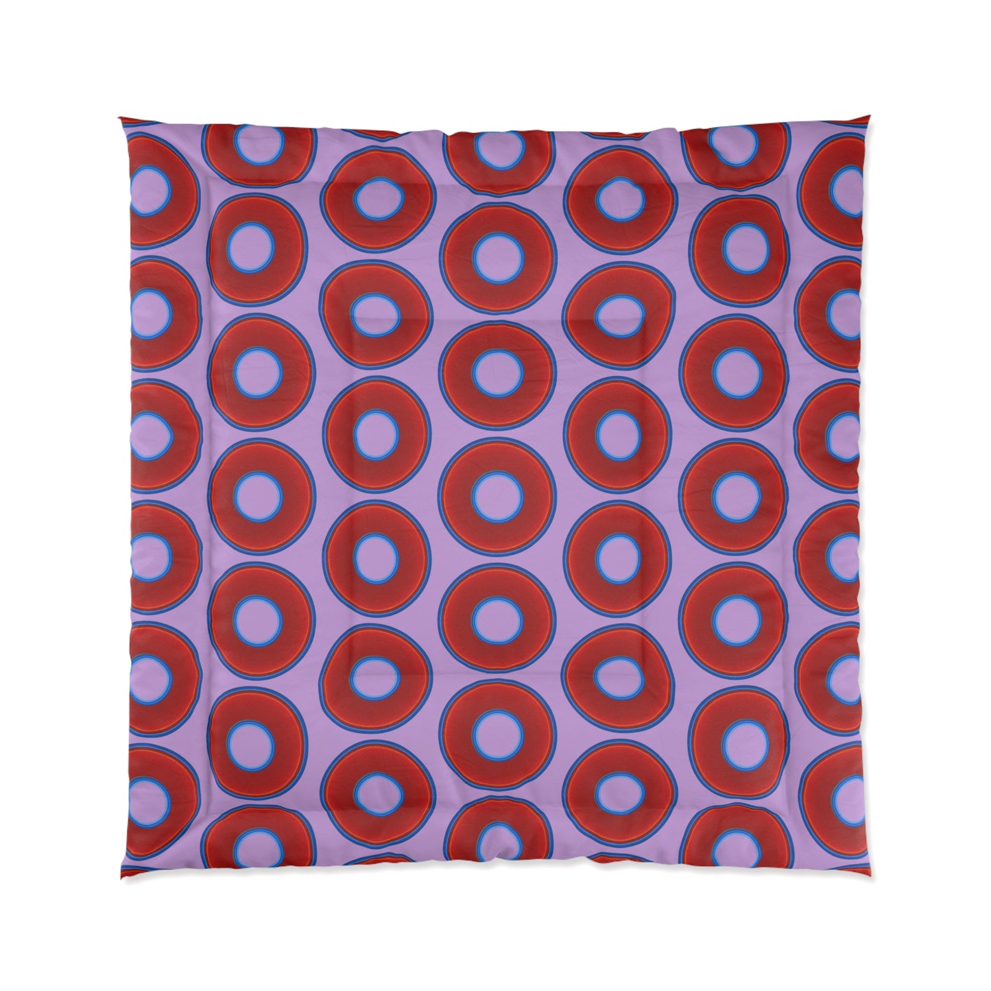 The Very Lumpy Comforter - vivid red donuts w/wisteria purple background