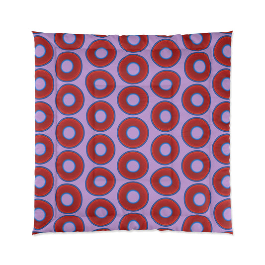 The Very Lumpy Comforter - vivid red donuts w/wisteria purple background