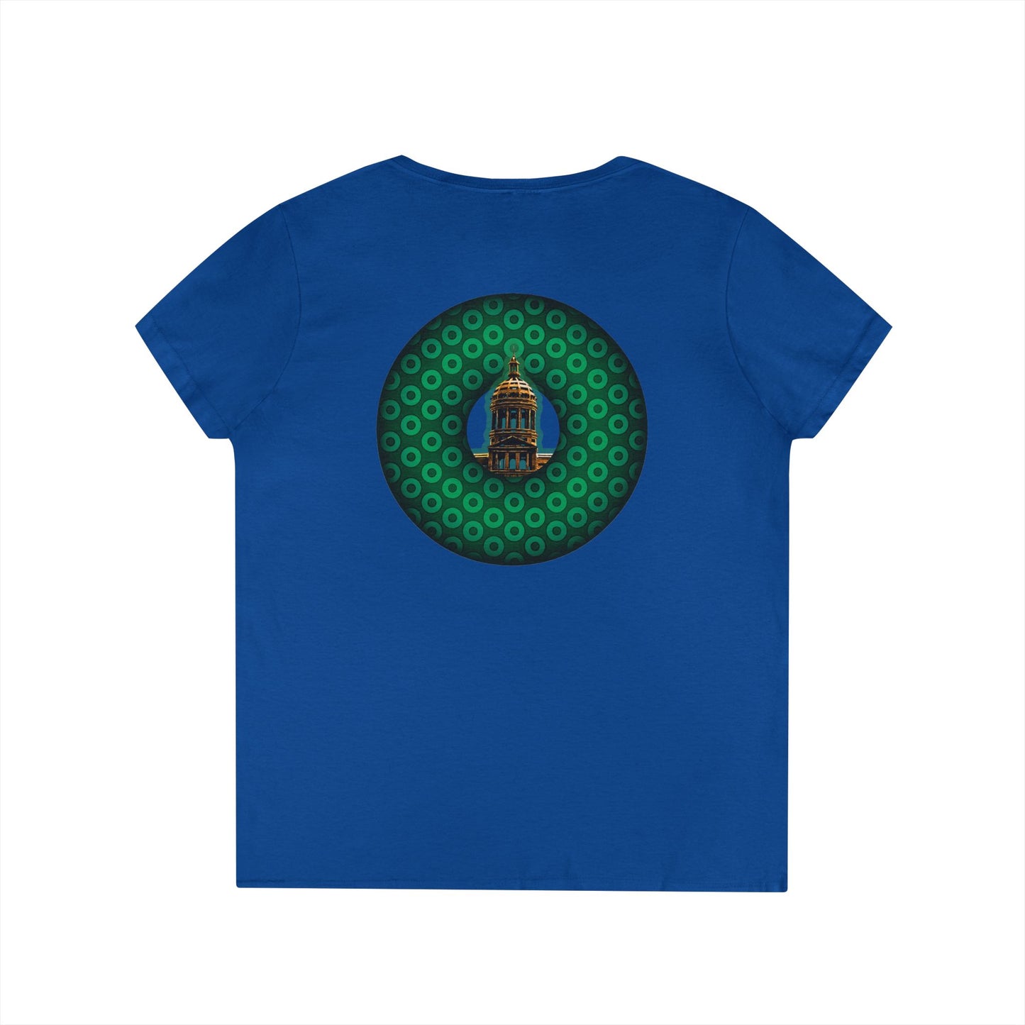 Women's Donut V-Neck Tee - "Save the Mondegreen City Hall Clock Tower" - variant 2 - green/green paradox donut w/