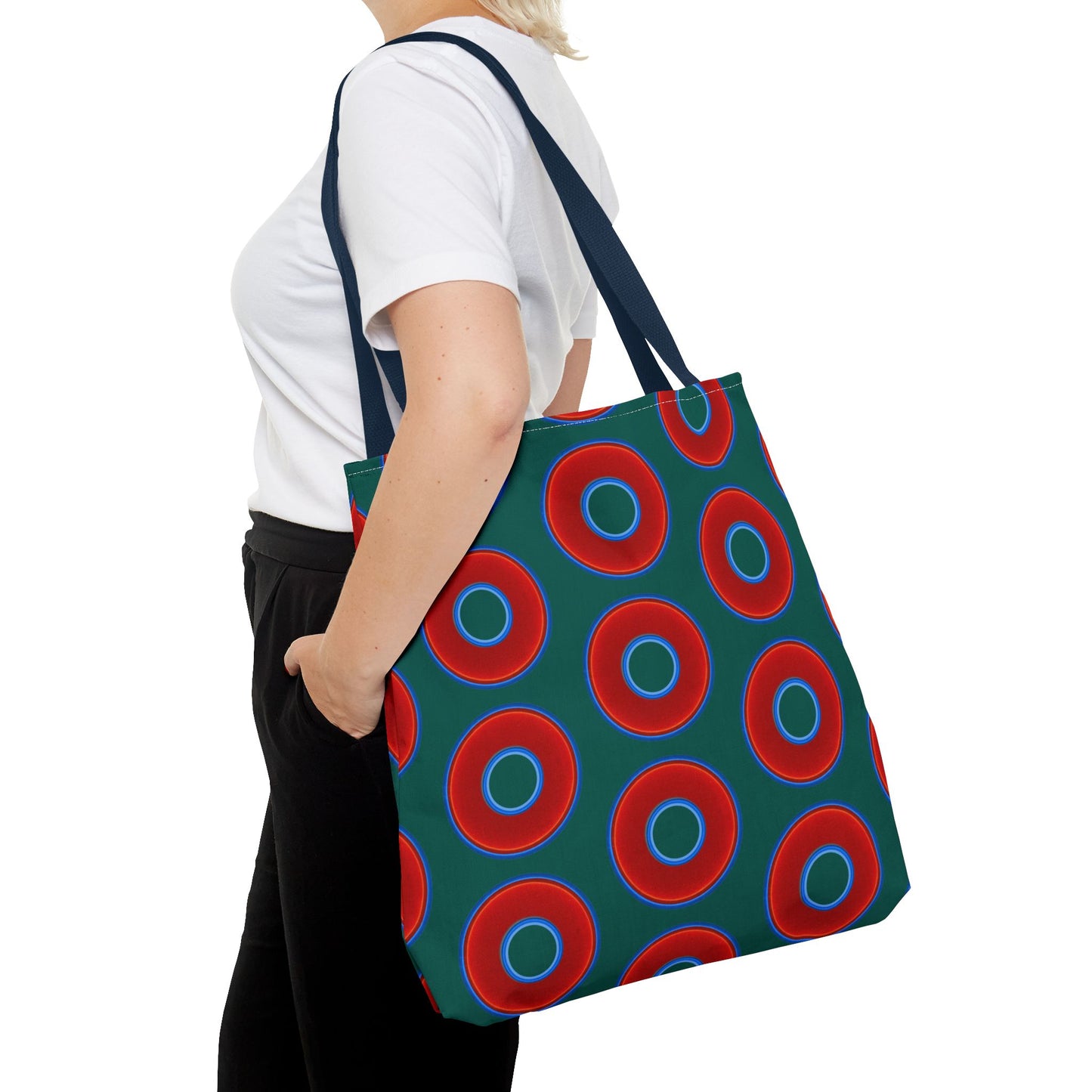 Lumpy Beach/Tote Bag - red vivid donuts w/dark grayish green background