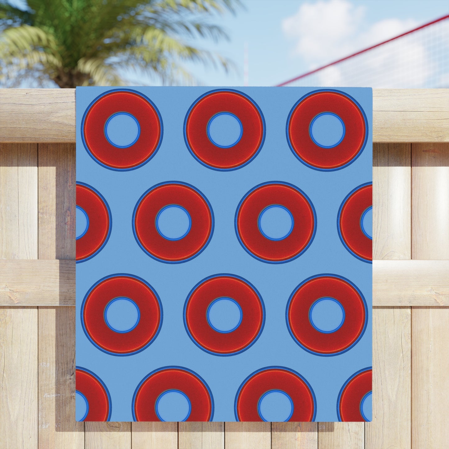 Lumpy Donut Towels - vivid red donuts w/light blue background
