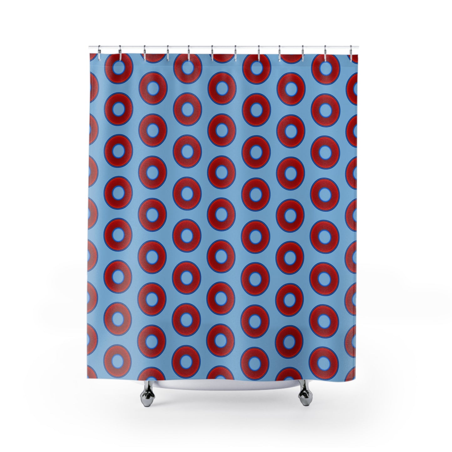 The Curtain With "Donuts" - Lumpy Bath Time Fun - vivid red donuts w/sky blue background