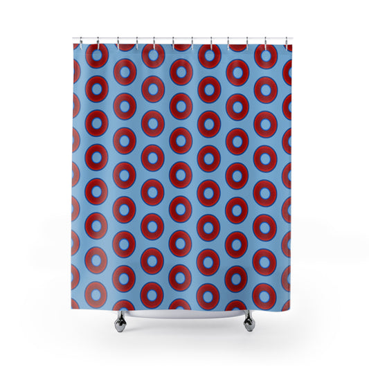 The Curtain With "Donuts" - Lumpy Bath Time Fun - vivid red donuts w/sky blue background