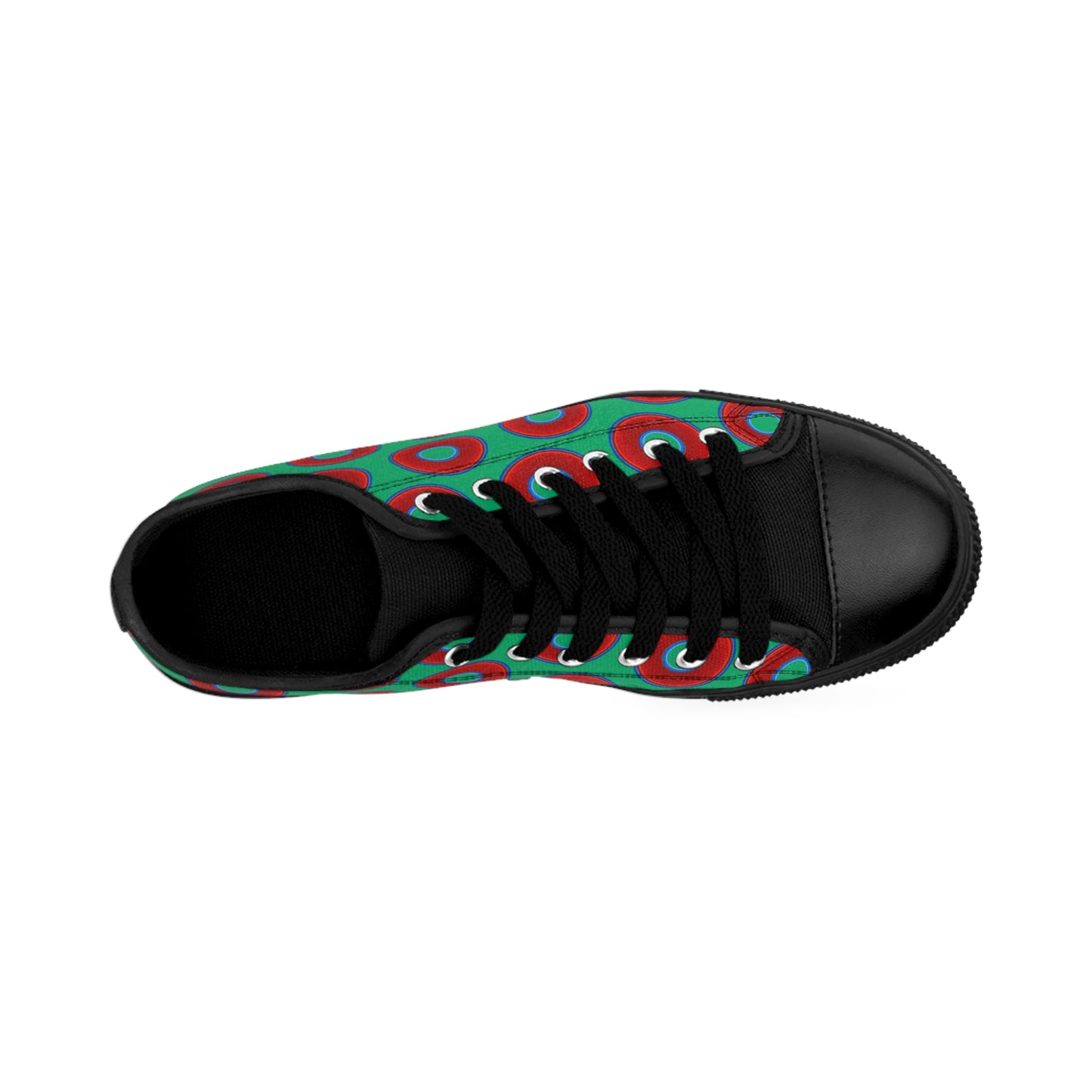 Women's Cushiony Convectors - Low Top - large red vivid donut print w/jade green background