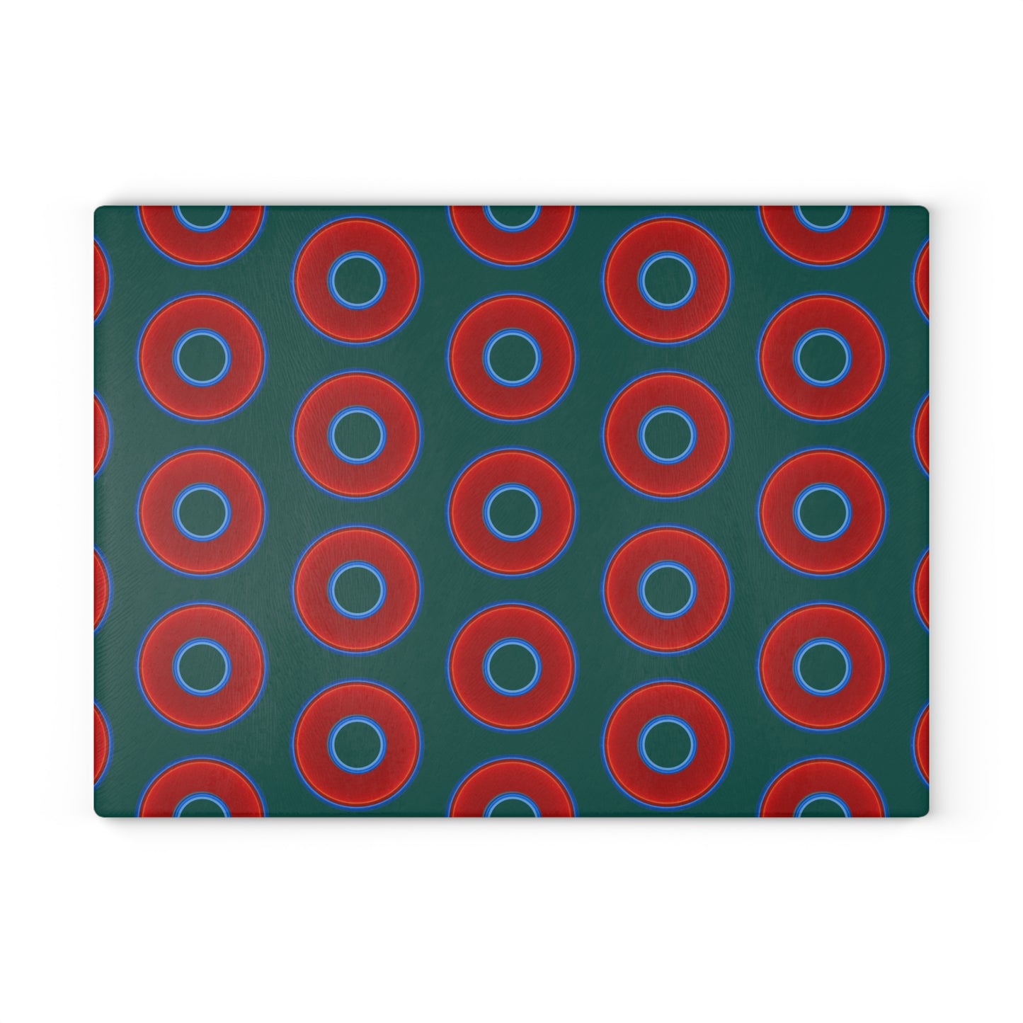 My Friend's Cutting Board - vivid red donuts w/dark Fenway green background