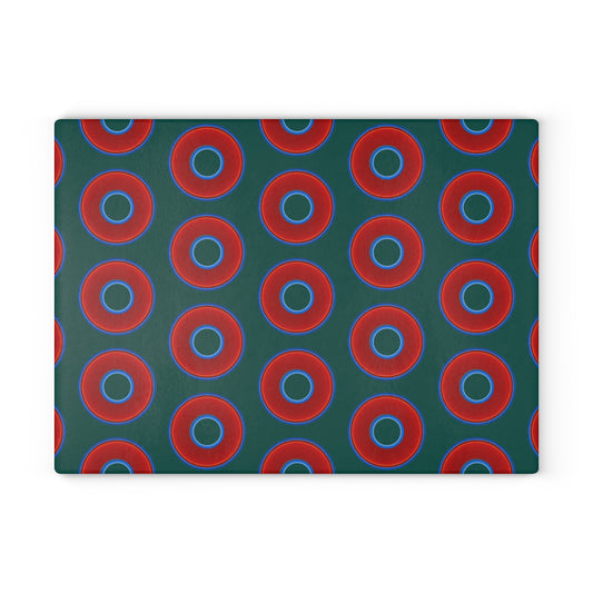 My Friend's Cutting Board - vivid red donuts w/dark Fenway green background