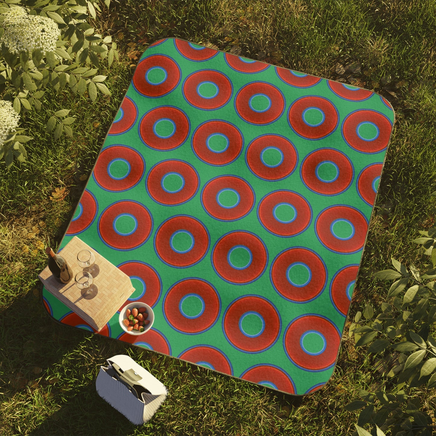 The Lumpy Party Blanket - giant water-resistant outdoor blanket [61" x 51"] - vivid red donuts w/jade green background