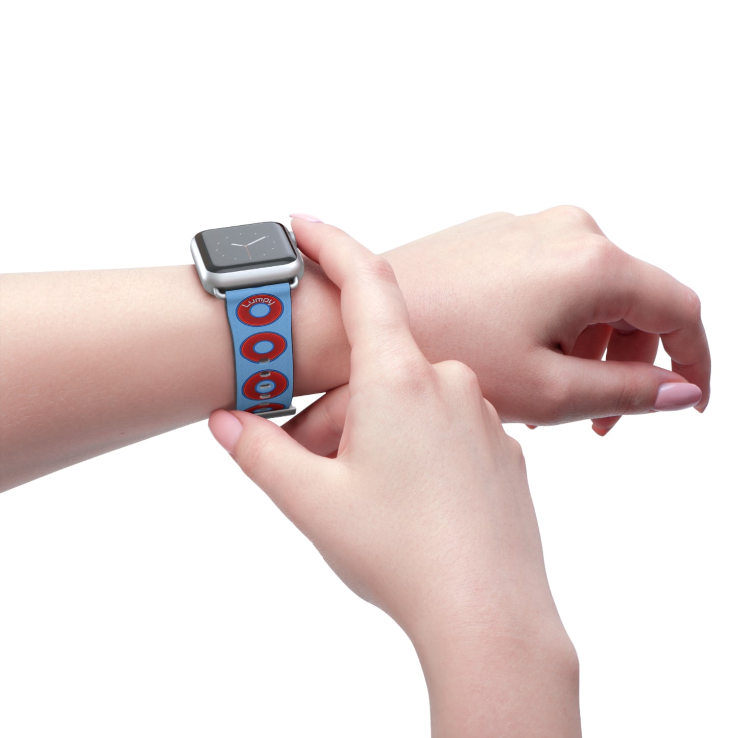 Lumpy Donut Wristband - compatible w/apple watch - red vivid donuts w/light blue background