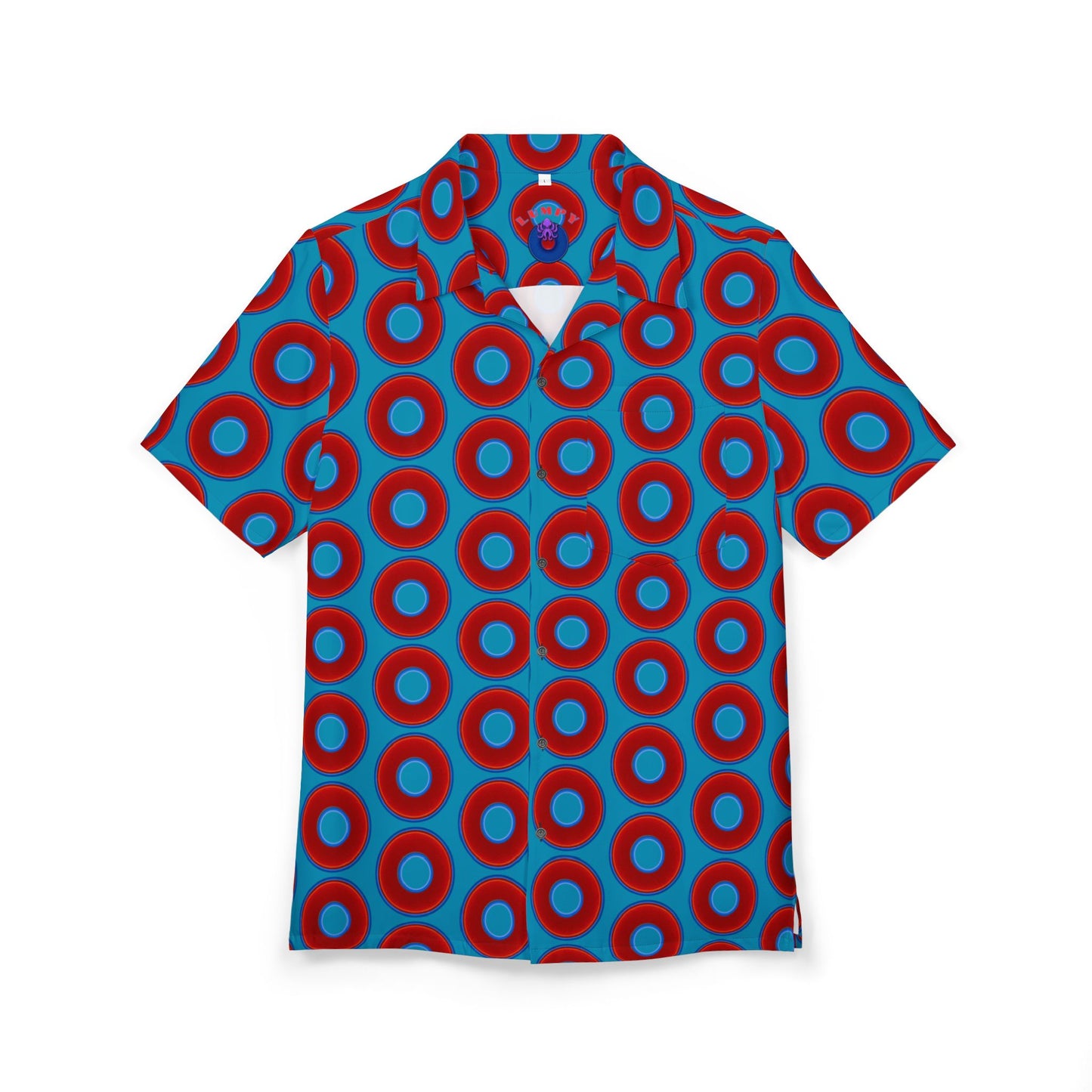 Wilson's 'Epic Hawaiian-Punch' Shirt - vivid red donut print w/aquamarine blue background [unisex]