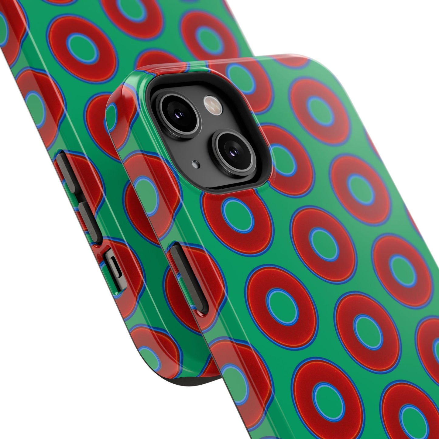 Impact-Resistant Lumpy Donut Case - red vivid donut print w/jade green background