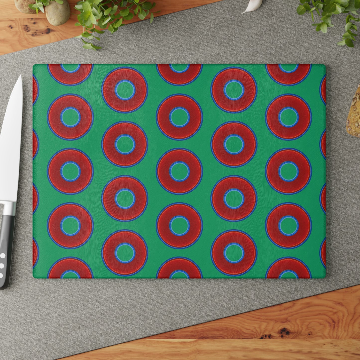 My Friend's Cutting Board - vivid red donuts w/jade green background