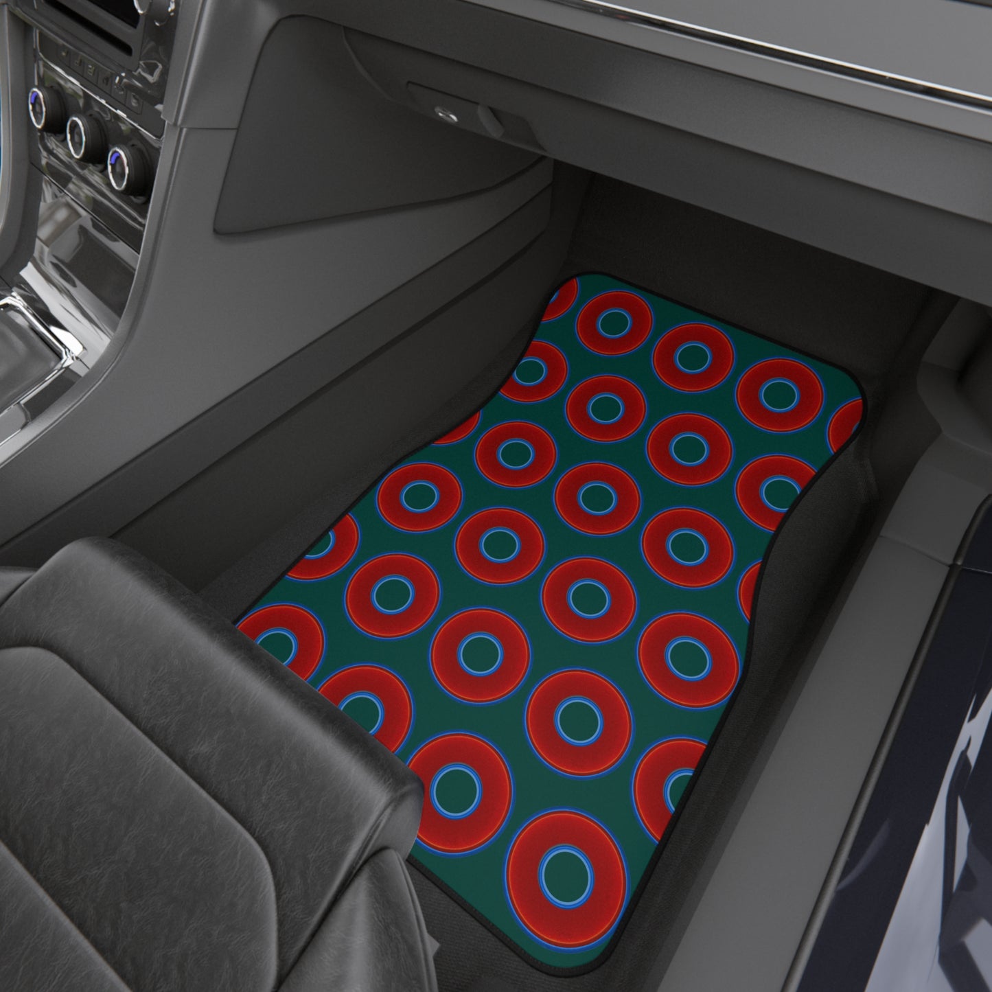 Contacted Car Mats - vivid donut print w/dark Fenway green background