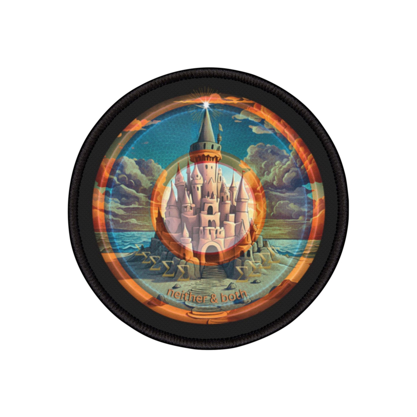 Iron-On Donut Patch - "The Donut Patch that Tides Never Reach" - rustic orange/blue pic donut - variant 2