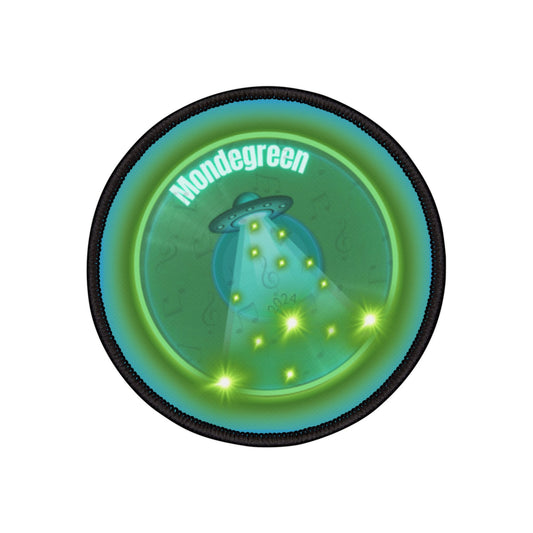 Iron-On Donut Patch - "Donut Patch for Close Encounters of the Delaware Kind" - vivid green record donut - variant 1