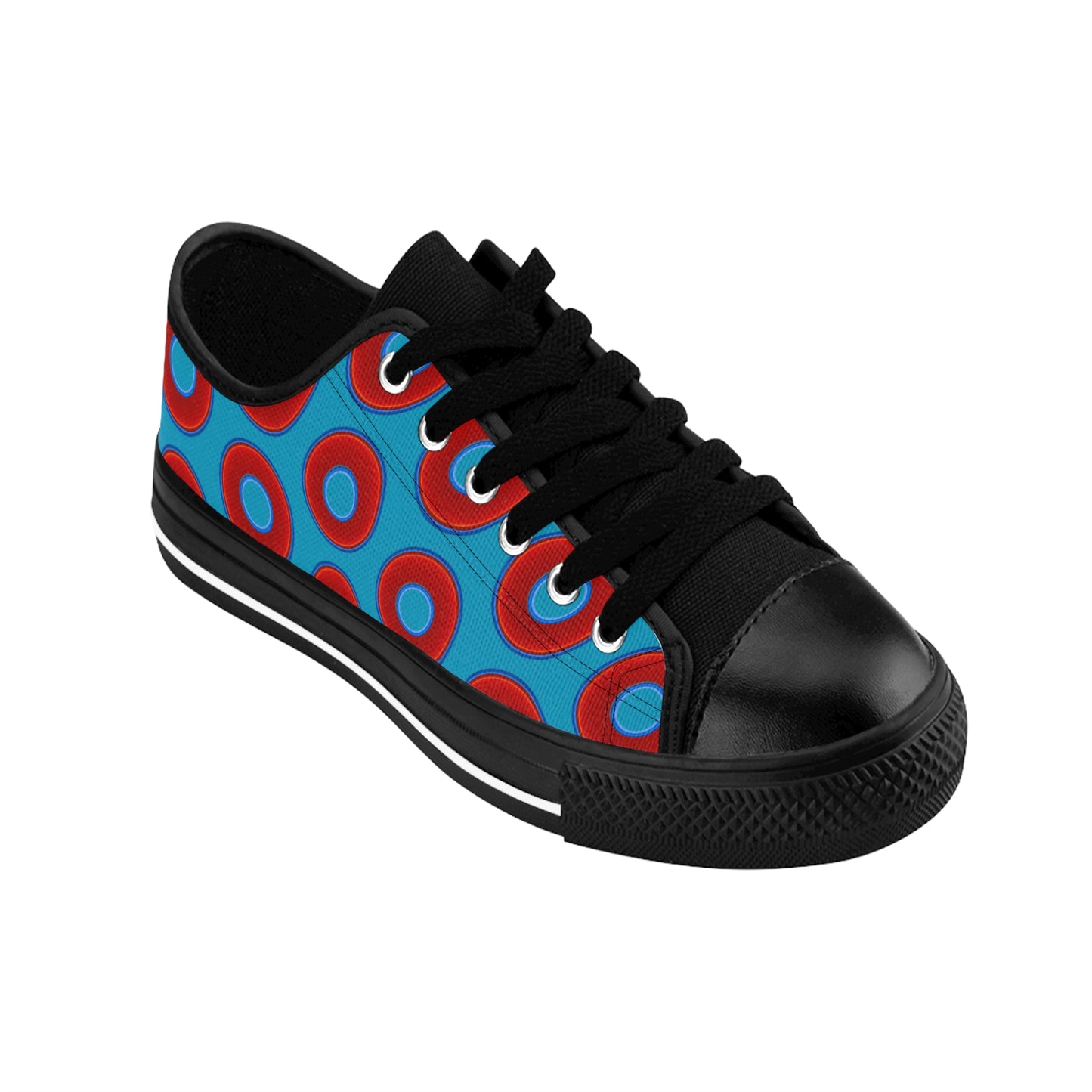 Women's Cushiony Convectors - Low Top - large red vivid donut print w/aquamarine blue background