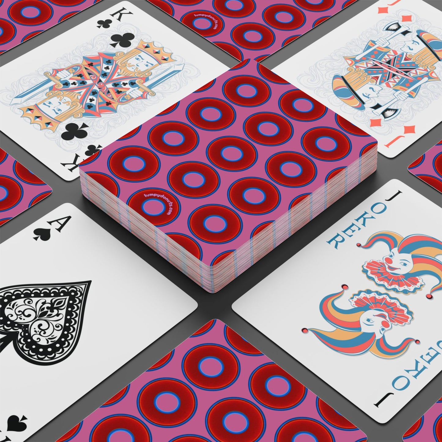 Lumpy Donut Playing Decks - 52-cards - red vivid donuts w/pink background