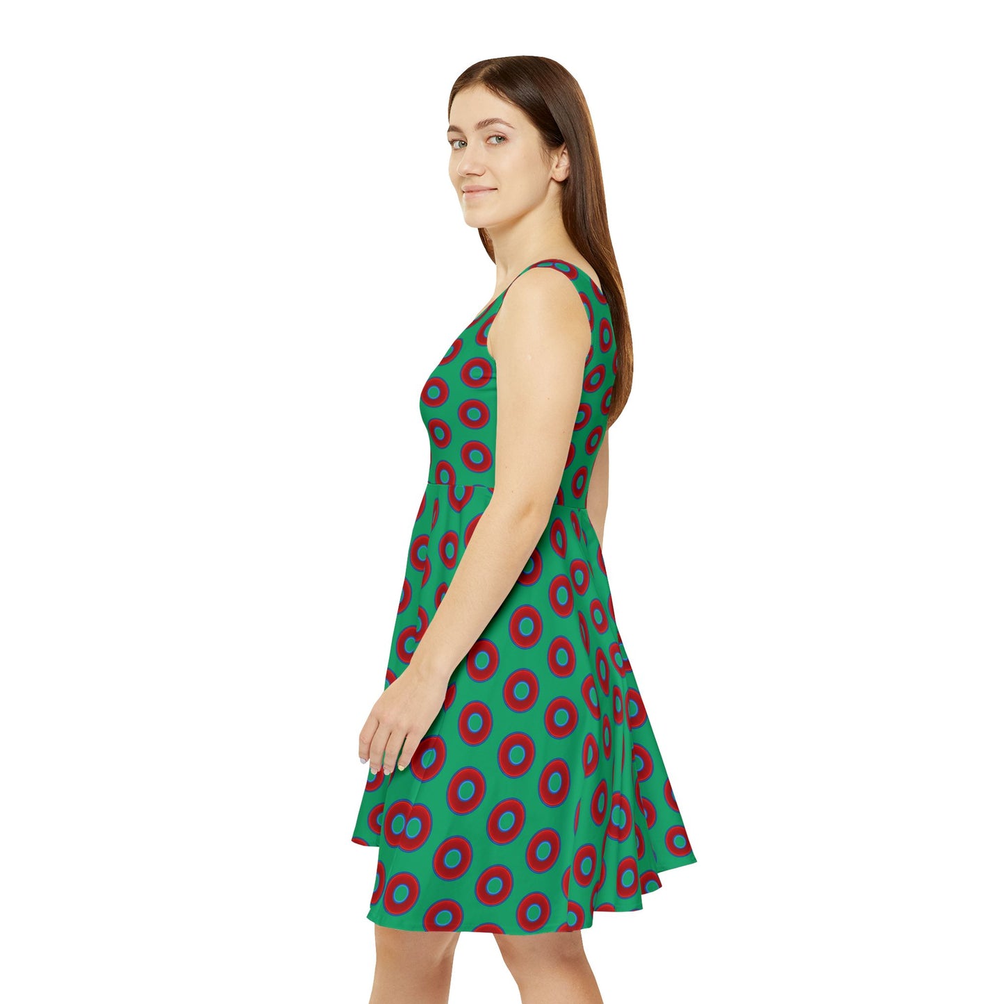 Women's Skater Donut Dress - vivid red donut print w/jade green background