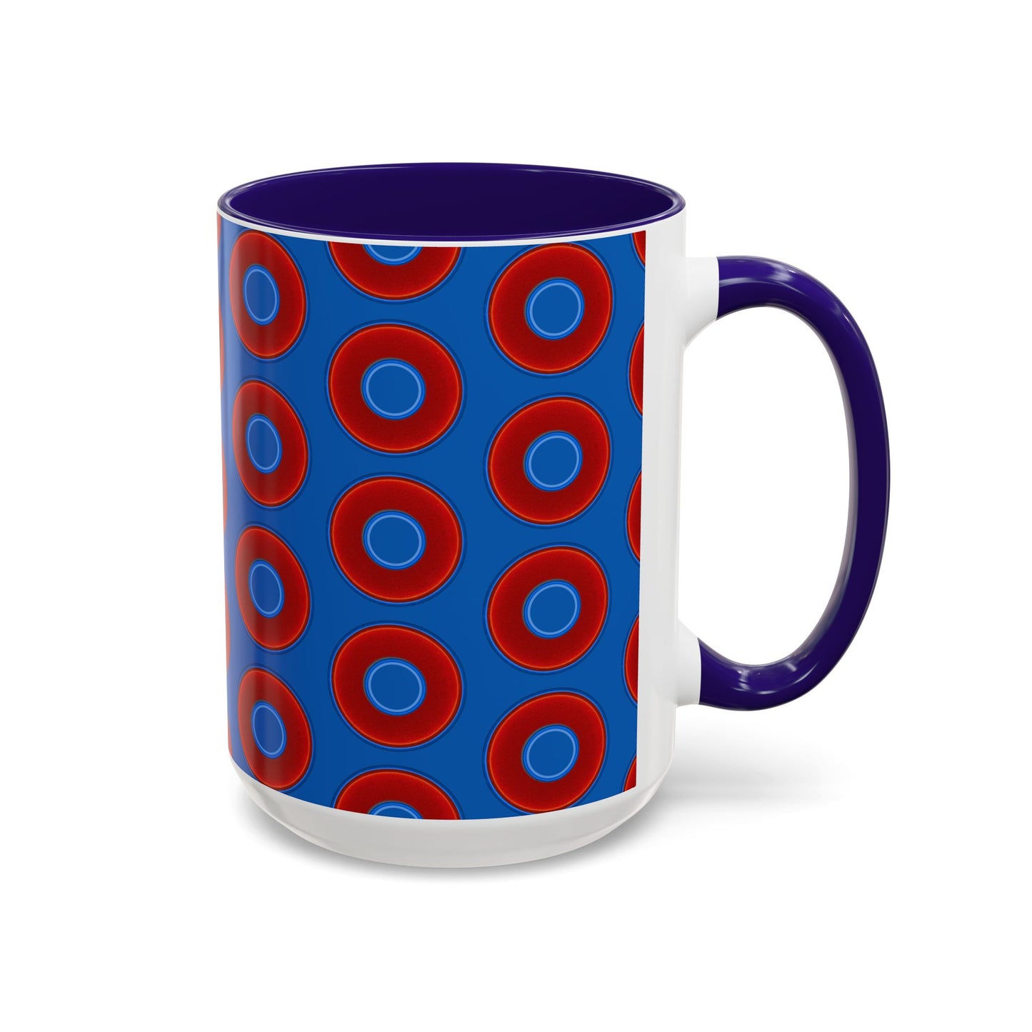 Lump's Grumpy Coffee Mug - vivid red donuts w/dark royal blue background