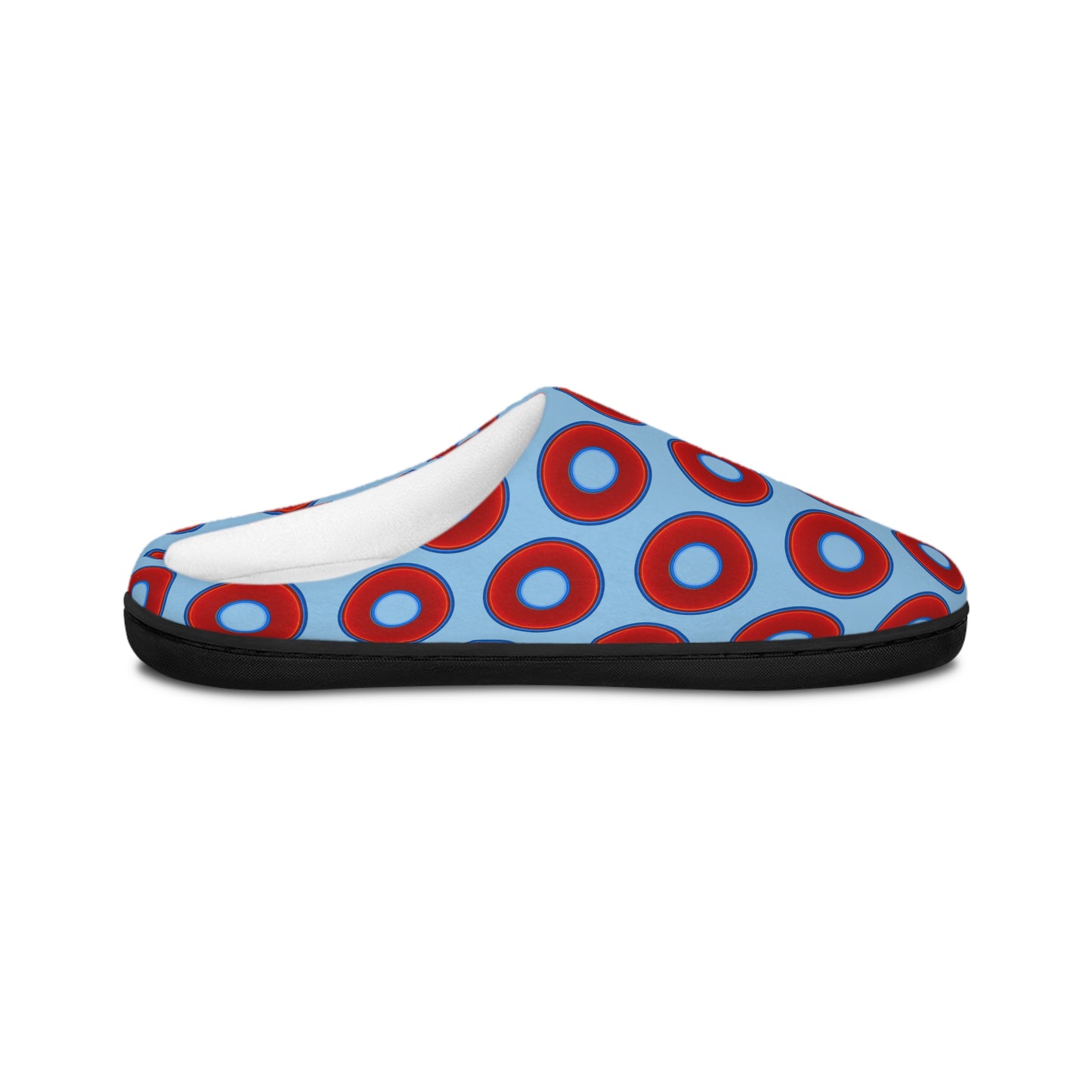 Men's Lumpy Slippers - red vivid donut print w/sky blue background